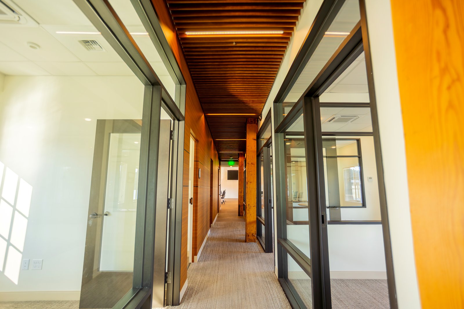 Light-filled wood corridor
